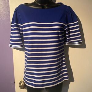 Ralph Lauren Blue and White Striped Boatneck T-Shirt Size Large